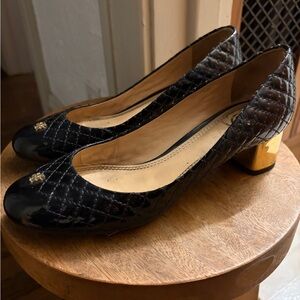 Tory Burch Black Quilted Heels with Gold Logo